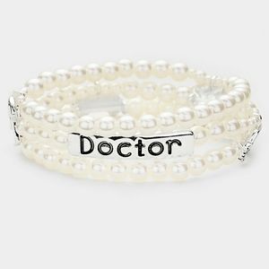 DOCTOR Triple Strand Stretch Cream Pearl Bracelet Message Statement Jewelry